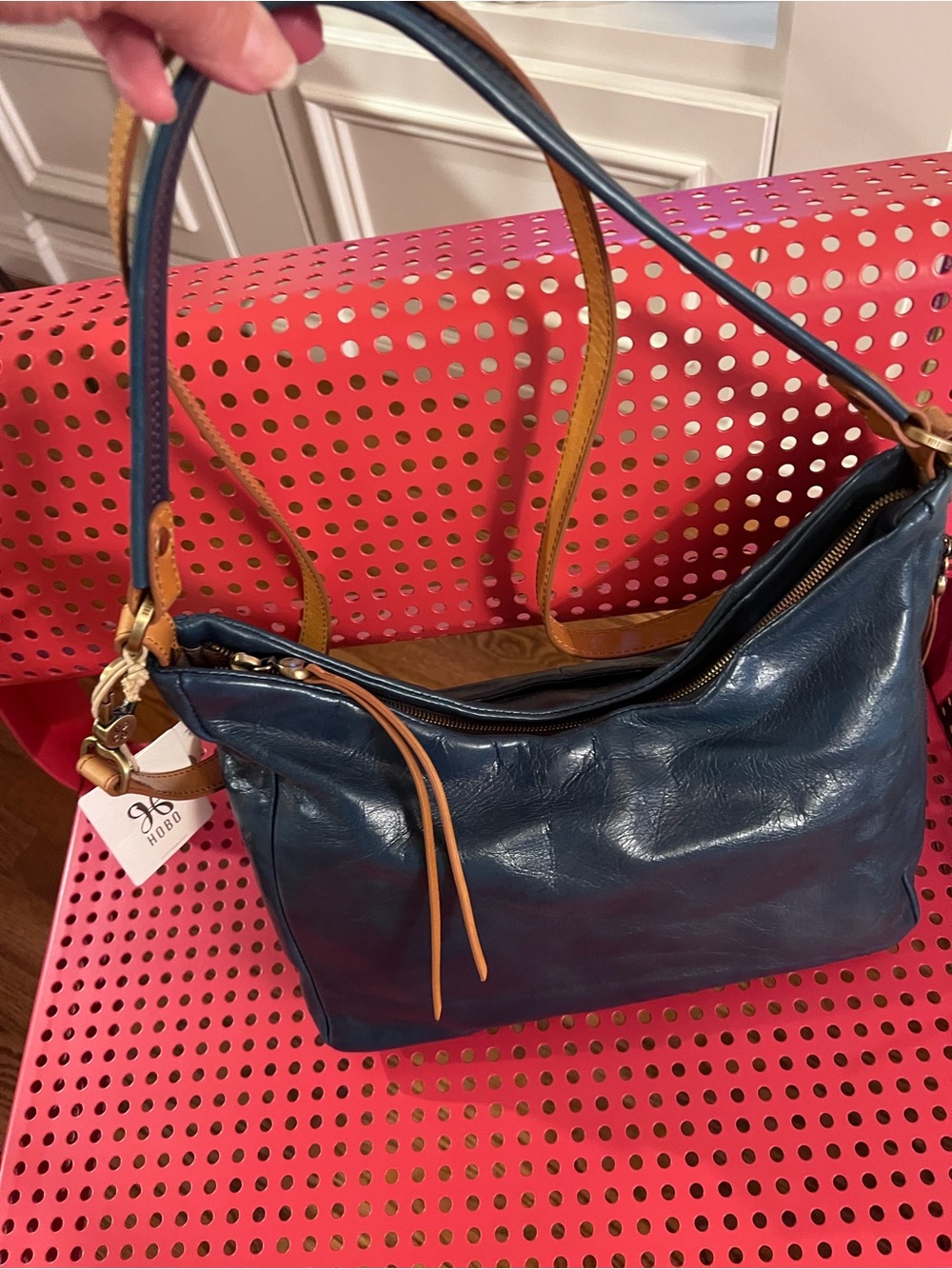 HOBO Blue Leather Shoulder Bag with Tan Accents
